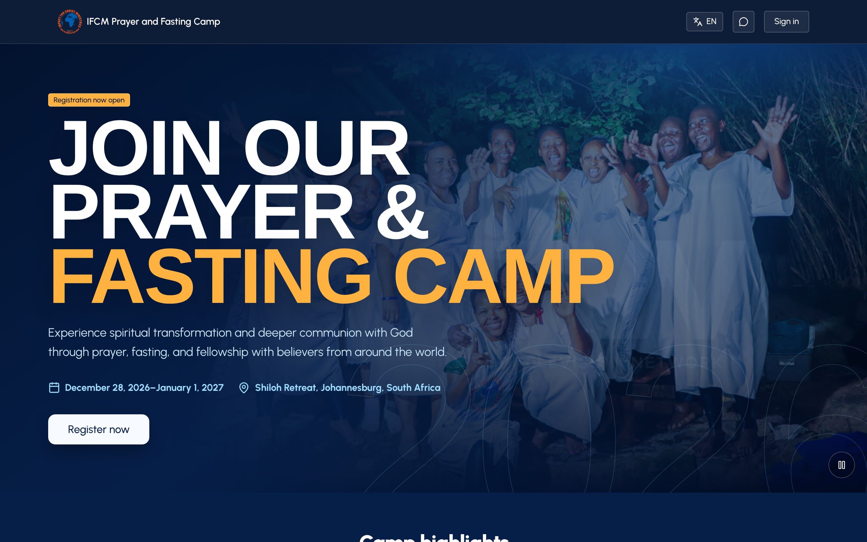 IFCM Prayer and Fasting Camp registration website homepage