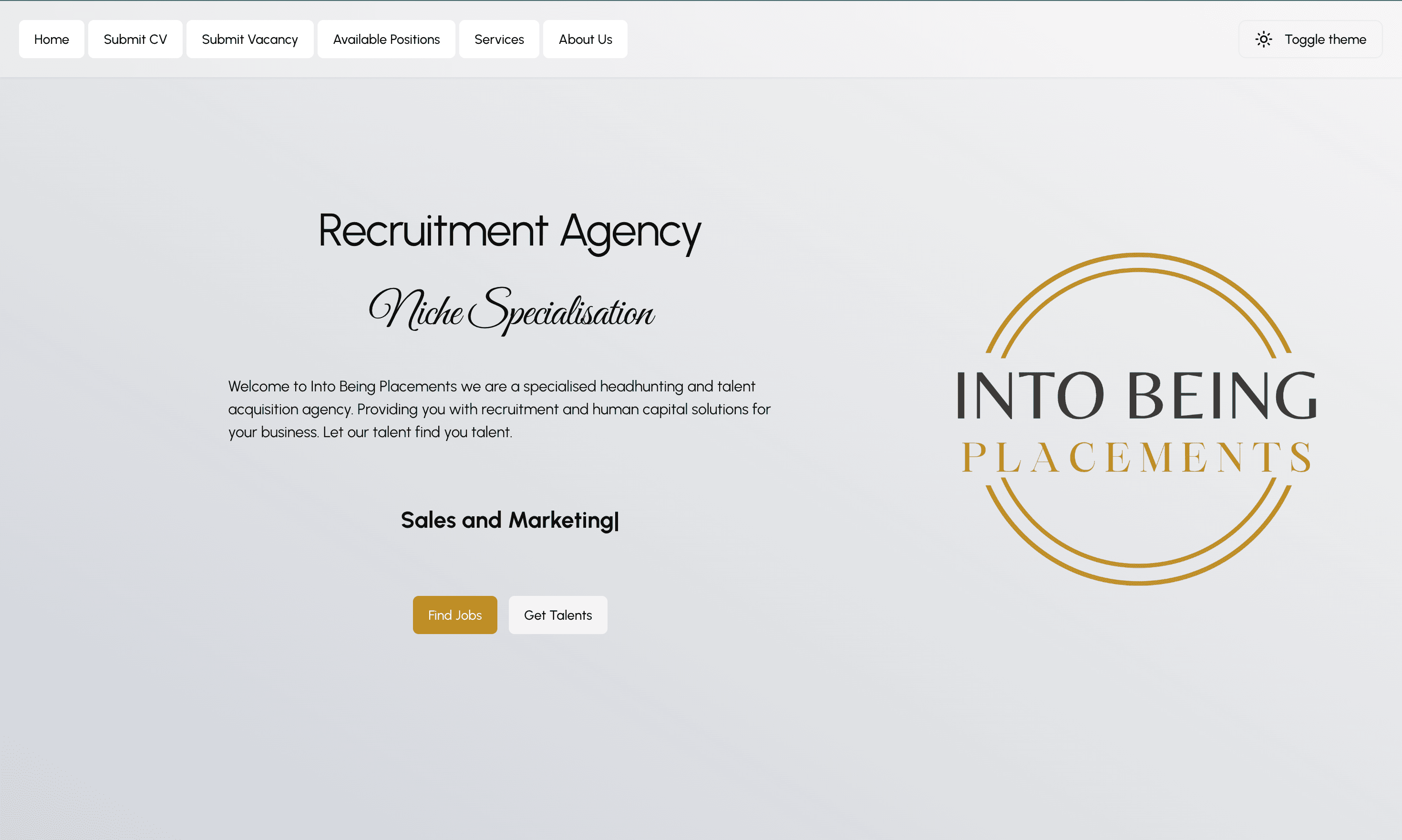 Intobeing Placements website homepage